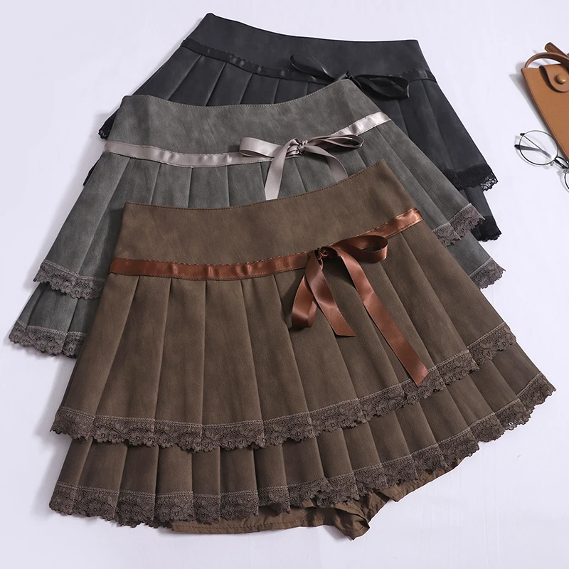 

Fashion Ballet Style Lace Stitching Lace-up Bow Skirts Women's Autumn New Korean Slim High Waist PU Leather Pleated Mini Skirt