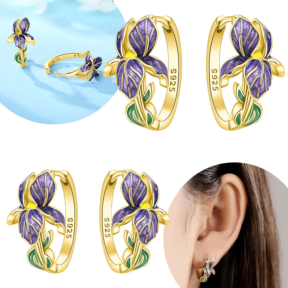 

Original 925 Silver Earrings Floral Plant Earrings Iris Flower Gold Earring Green Leaf Woman Jewelry Anniversary Delicate Gift