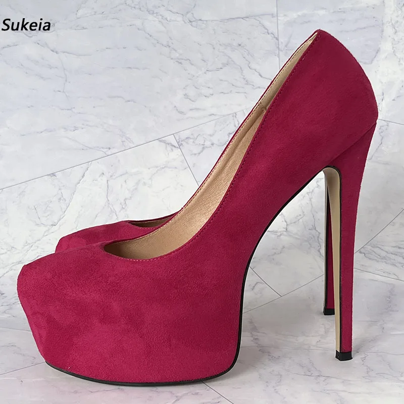 Sukeia Real Photos Women Spring Platform Pumps Stiletto Heels Slip On Round Toe Fuchsia Party Shoes Ladies US Plus Size 5-20