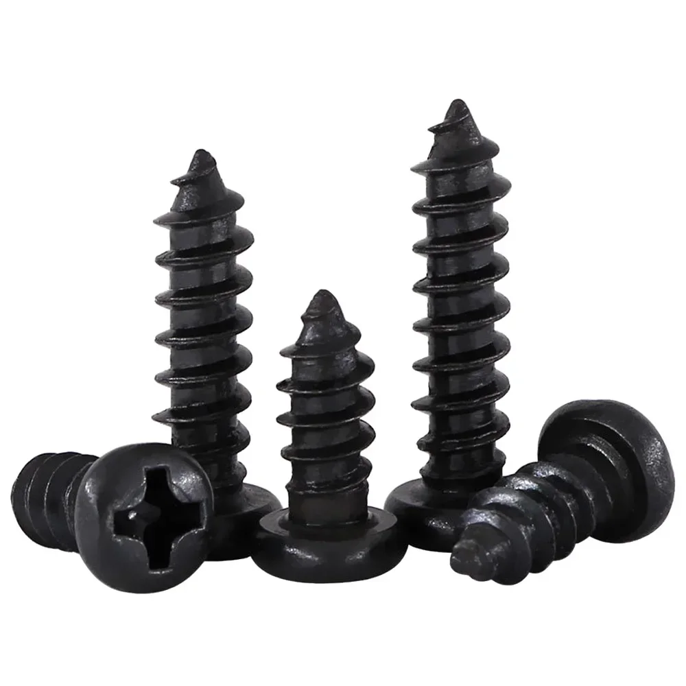 100pcs Black Carbon Steel Screws M1 M1.2 M1.4 M1.5 M1.7 M2 M2.3 M2.6 M3 M3.5 M4 M5 Cross Round Head Phillips Self-tapping Screw