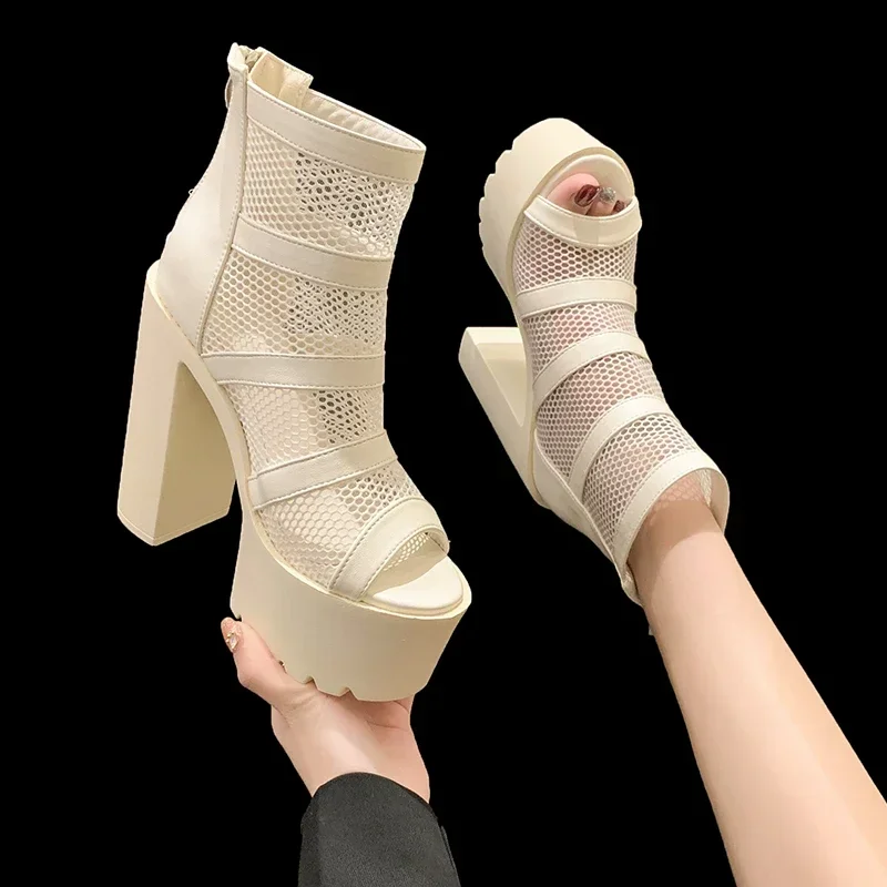 Thick High Heels Gladiator Women Sandals Sexy Open Toe Breathable Mesh Platform Back Zipper Shoes 2024 Summer New Luxury Sandal