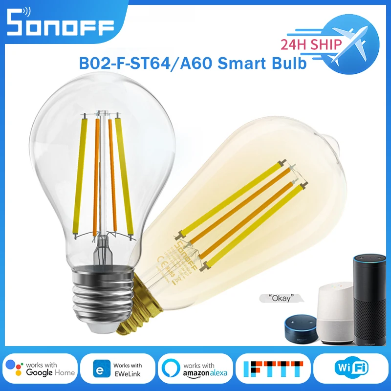 SONOFF B02-F-ST64/A60 Smart Bulb E27 LED Filament Bulb Dual-Color Dimmable WiFi Light Bulbs Remote Control Via ewelink APP