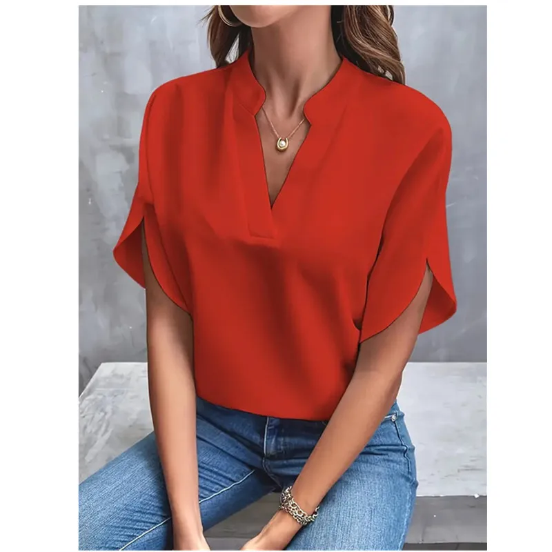 Women Solid Color Shirt Summer Short Sleeve V-Neck Casual Loose T-shirt Blouse Fashion Street Lady Personalized Work Shirt