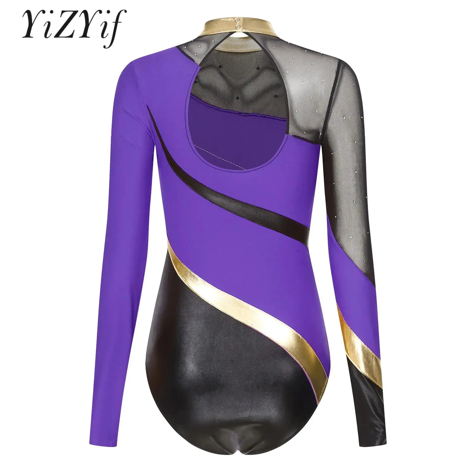

Women Rhinestone Ballet Dance Unitard Gymnastics Skating Leotard Metallic Athletic Dance Bodysuit Acrobatics Uniforms Dancewear