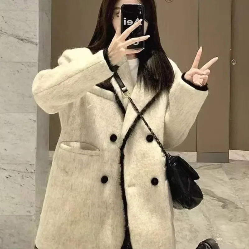 Beige Woolen Blazer Coat 2025 New Premium Classic Style Wool Long Sleeves Coats Women Office Lady High Quality Fashionable Tops