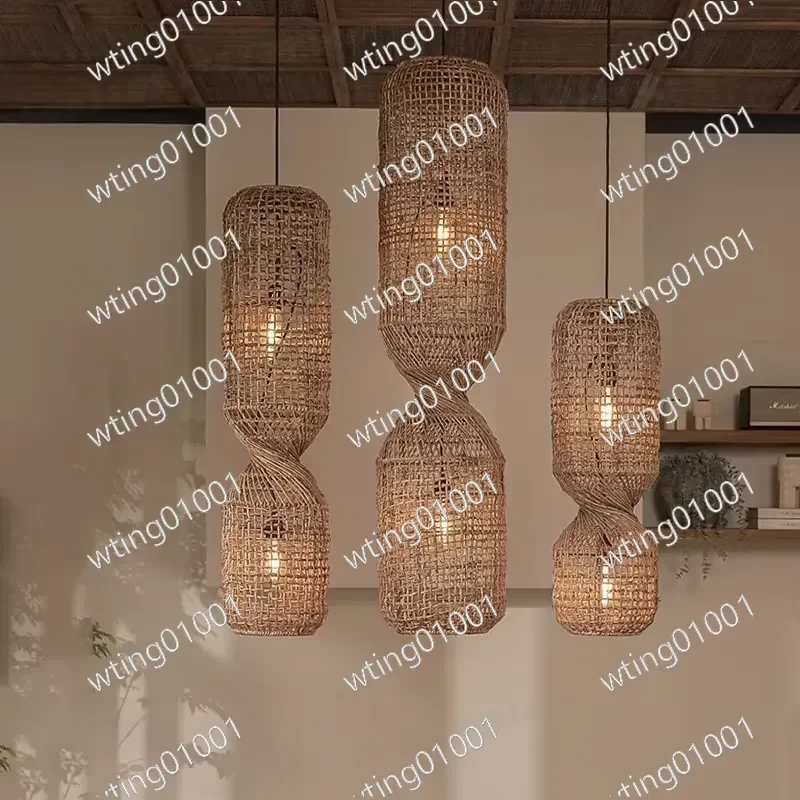 for Rustic Wicker Pendant Light Cylindrical Hanging Lamp Japandi Style Wabi Sabi Fixture for Living Room Bedroom Bar