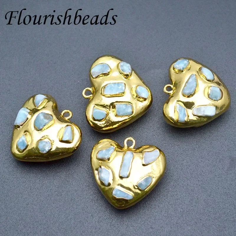 5pc Natural Larimar Stone Gold Plating Heart Shape Necklace Pendant for Jewelry Making