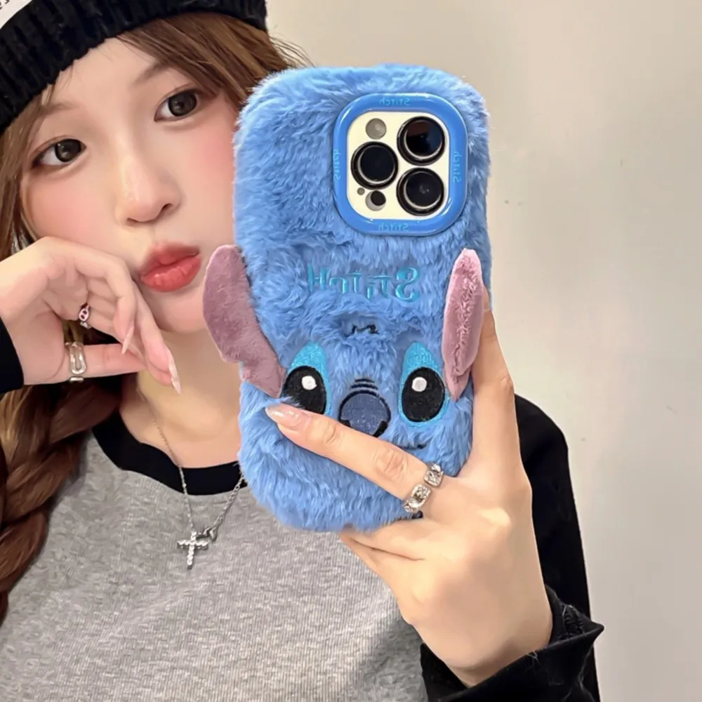 For iPhone 11 12 13 14 15 16 Pro Max Plus Plush Embroidered 3D Cartoon Stitch Phone Case Hole Lens Holder Protection Cover