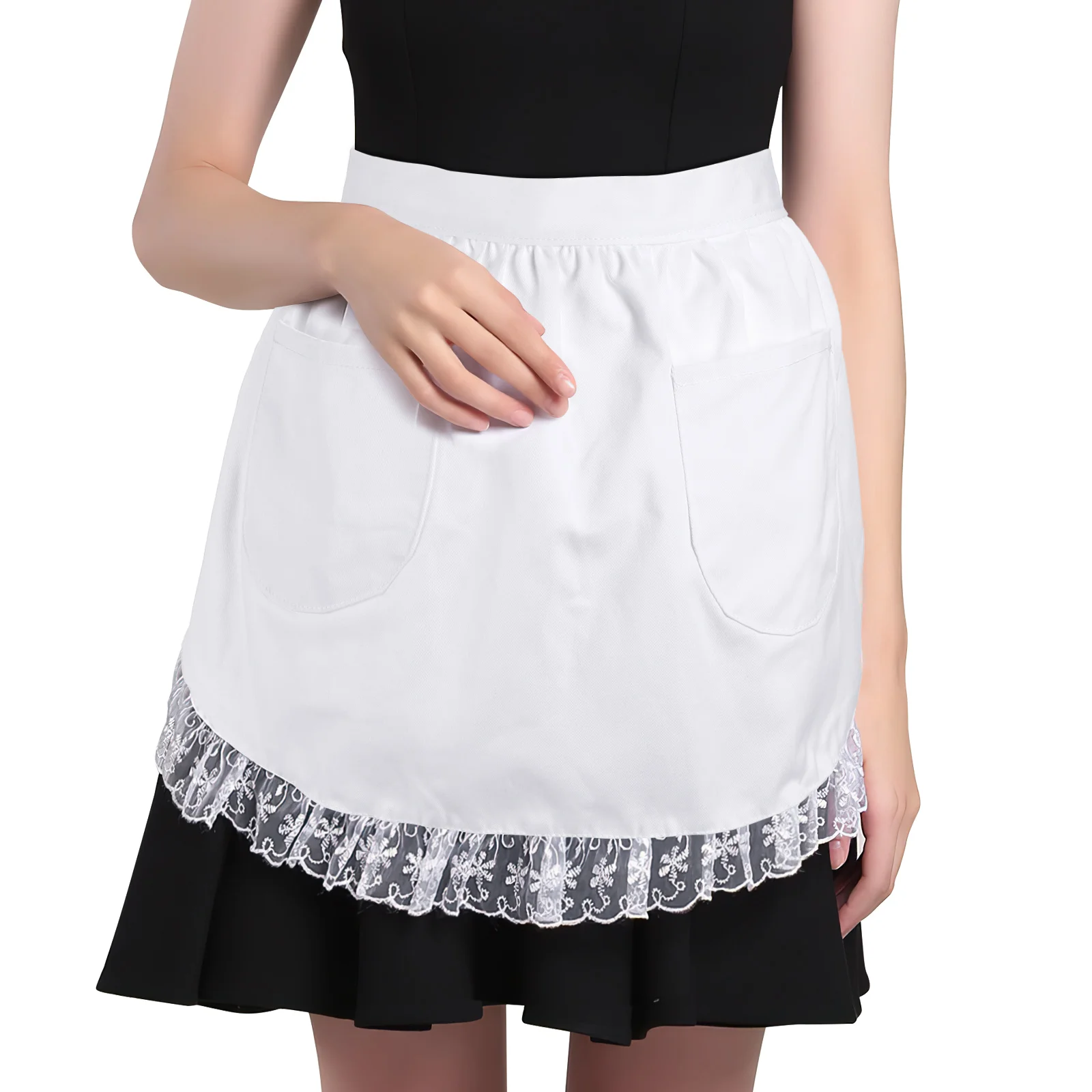 Apron with Pockets Maid Outfit Cotton Waist Short White Dress Lace Server Duster