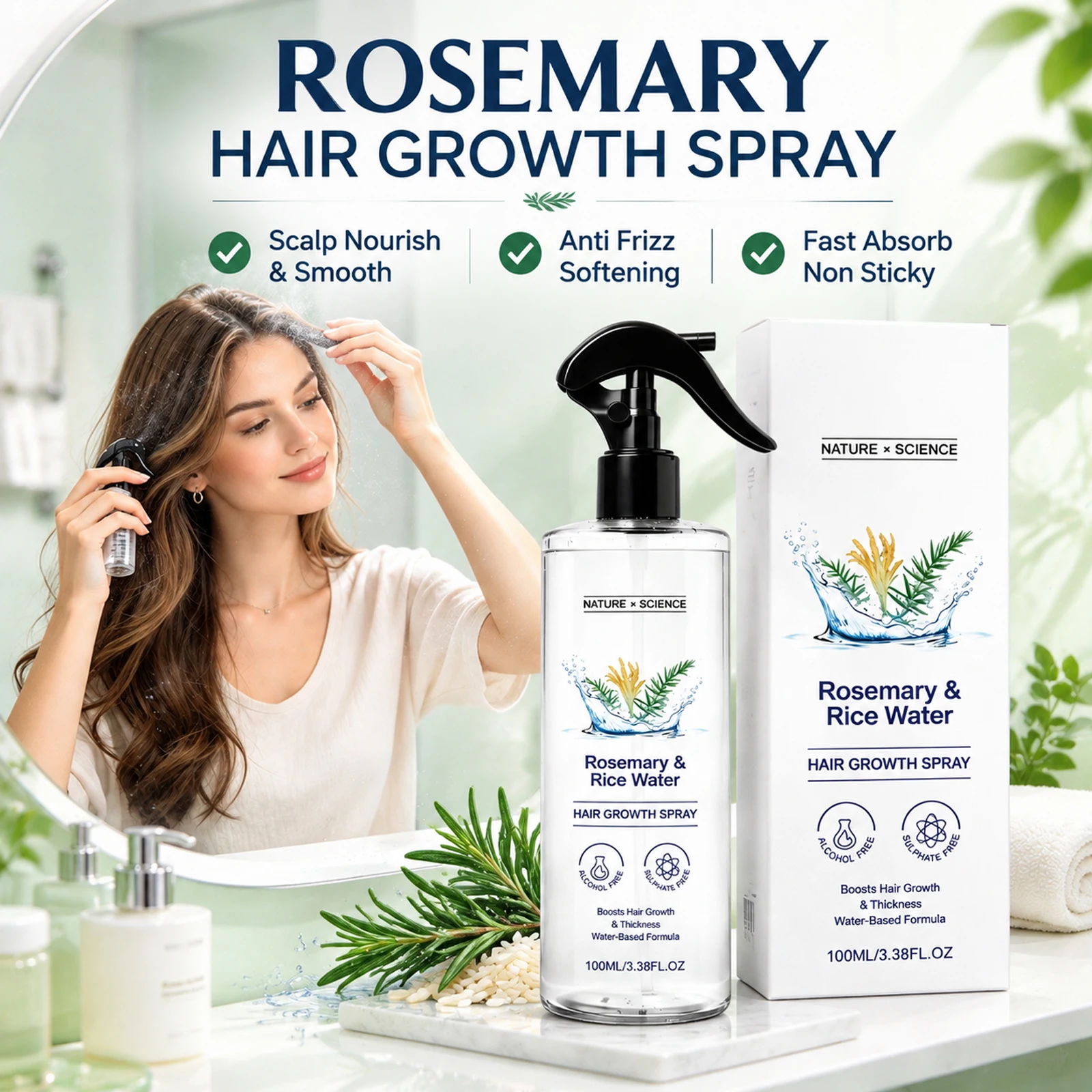 Non Greasy Rosemary Rice Water Hair Spray Scalp Nourishing Smoothing Volumizing Refreshing Scalp Care Leave In Hair Care
