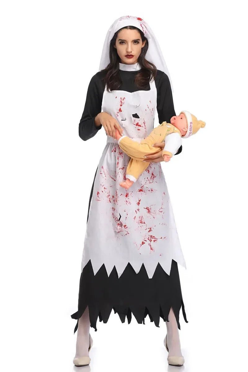 Halloween Costume Adult Horror Bloody Nun Costume Cosplay Nun Maid Zombie Irregular Long Dress