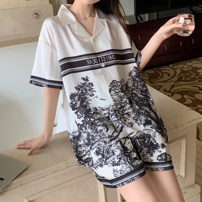 summer Women's Pajamas Set Luxury Satin Silk Pyjamas Short Sleeve Ink painting printing Sleepwear casual Home Clothes for Women image 4