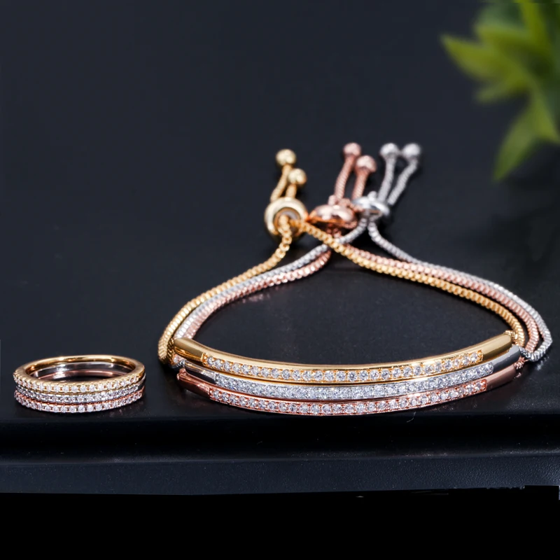 

Threegraces Fashion Design Cubic Zirconia Paved Rose Gold Color Adjustable Hand Chain Bracelet Ring Jewelry Set for Women JS547