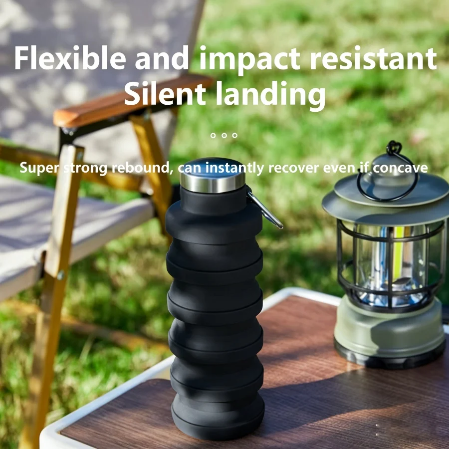 1Pc Black Collapsible Water Bottle 17oz, Portable Leak-Proof Travel Water Bottle, Foldable Water Bottle with Carabiner,