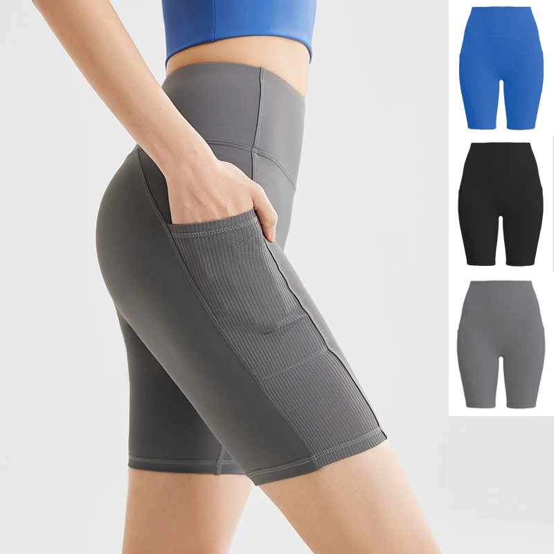 Spring and Summer 2026 New Women's Striped Yoga Shorts Pocket Pants High Waist Riding Quick-drying Shorts Outer Wear Tight Pants
