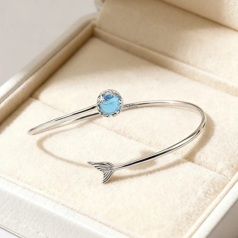 100% Solid 925 Sterling Silver Retro Bracelet for Women Geometric  Handmade Blue Stone Fish Tail Simple Bracelet Birthday Gift