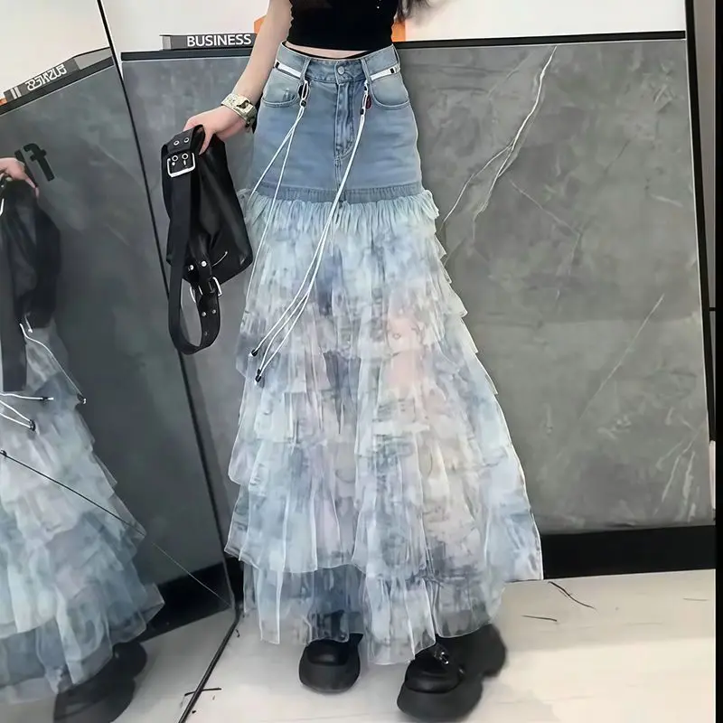 

Blue Tie-dye Denim Stitched Skirt Women's Summer New Foreign Cake Skirt Is Versatile and Fashionable Thin A-line Skirt