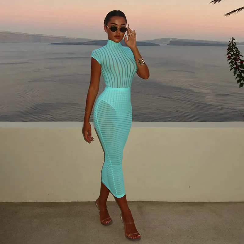 

Solid Mesh Patchwork Striped 2 Piece Set Turtleneck Short Sleeve Bodysuits Tops + Bodycon Maxi Skirt Vacation Outfits Clubwear
