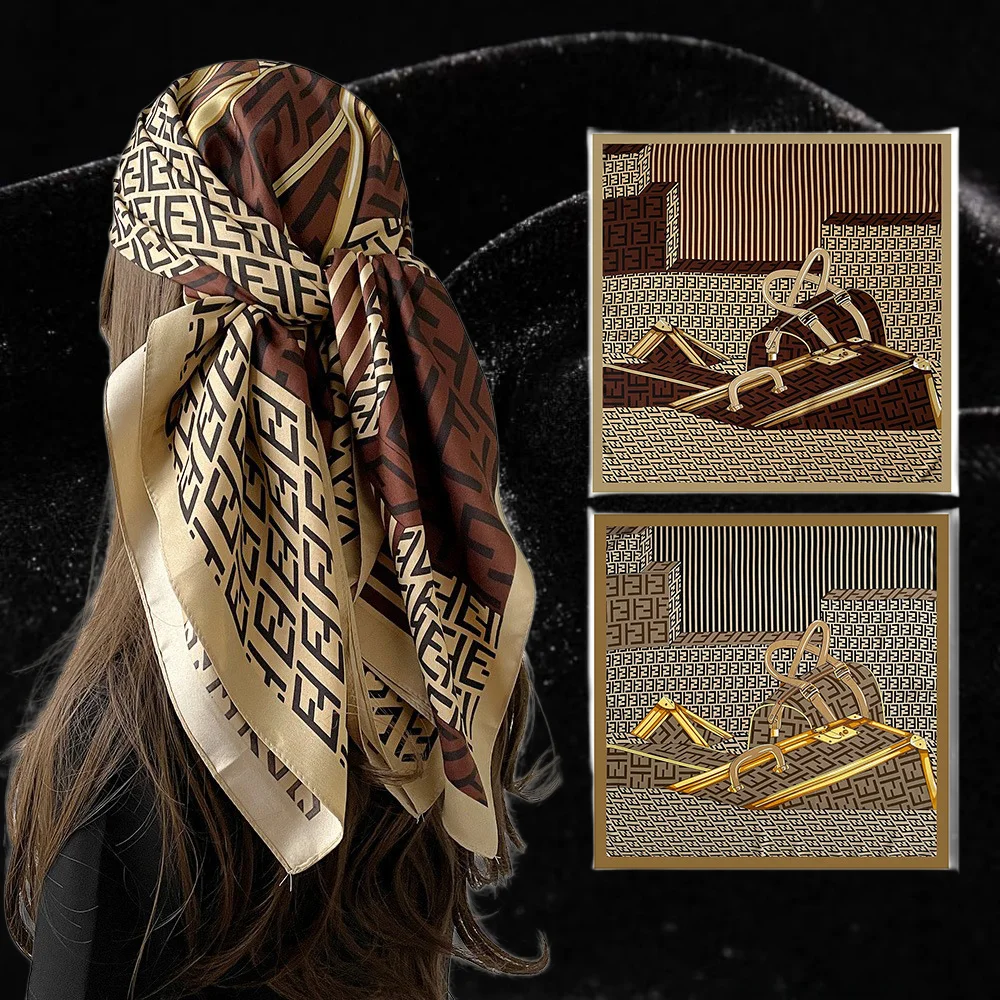 90cm Letter Print Satin Square Scarf Luxury geometric style headscarf women vintage elegant accessory Beige brown letter satin