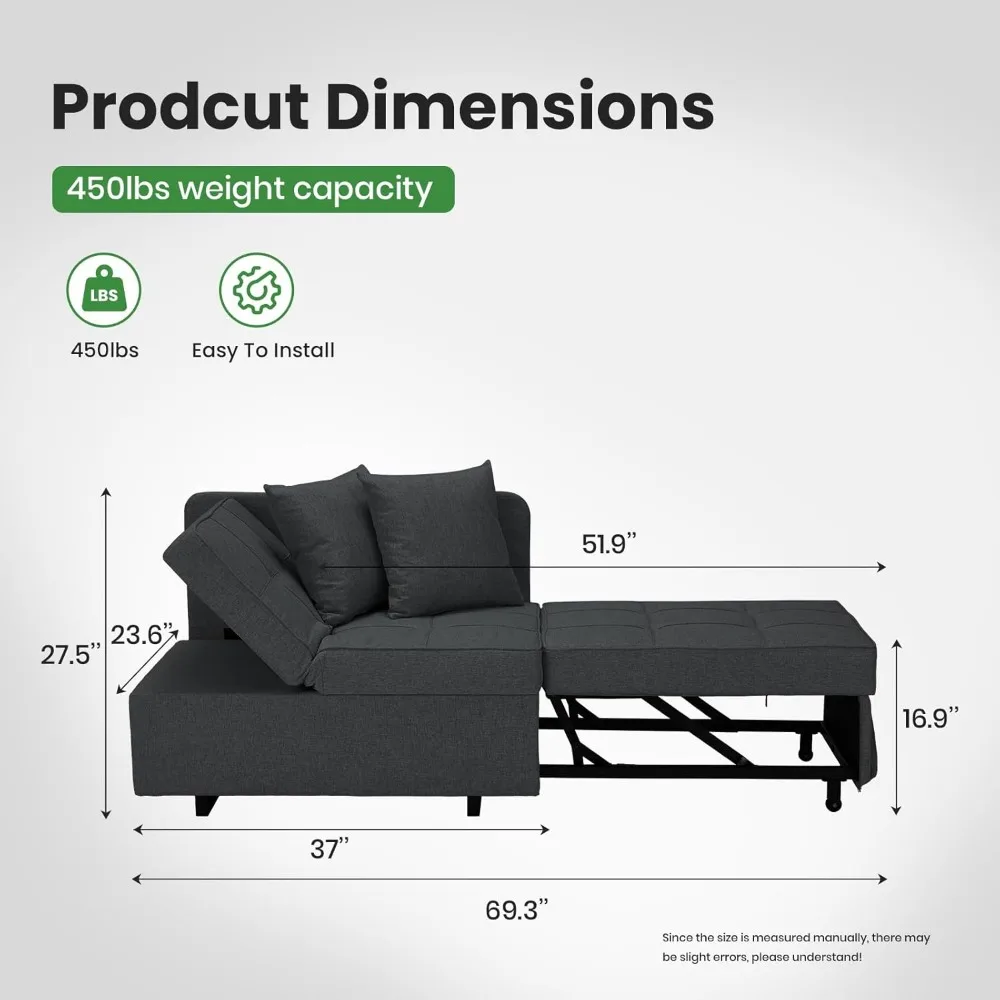 أريكة سرير متعددة الوظائف، أريكة قابلة للتحويل 4 في 1 مع نائمة سحب ووسائد لمساحات المعيشة المدمجة #2