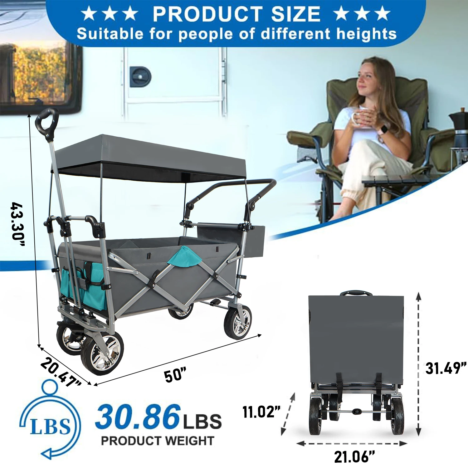 

Push & Pull Utility Folding Wagon with Removable Canopy, gray