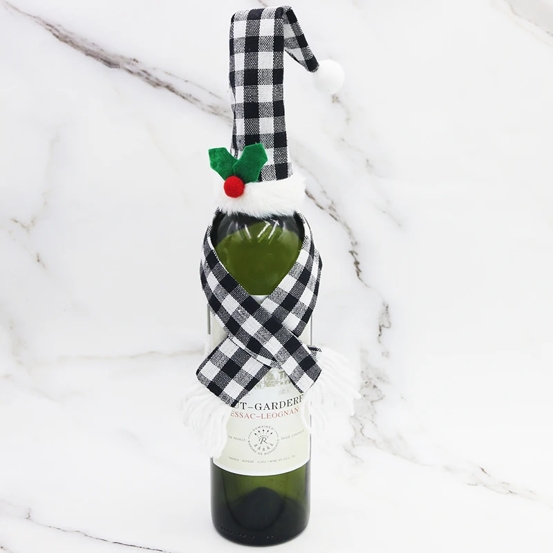 (1 Piece/bag)3.5-45Cm Christmas Plaid Cloth Red Wine Bottle Set Mini Scarf Hat Holiday Party Decoration Diy