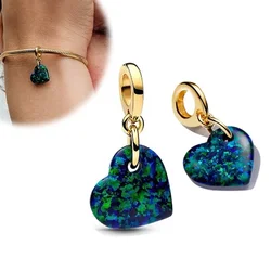 Sterling Silver 925 Opalescent blue Green Heart Dangle Charm fit Original Diy Pendant Women's Jewelry Gift