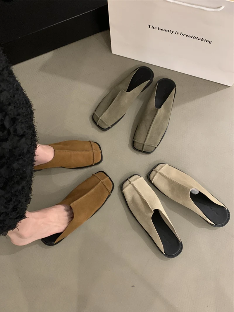 Fashion Slip on Mules Flat Slippers 2024 Summer New Brand Women Flat Casual Outdoor Square Toe Shoes Ladies Slippers