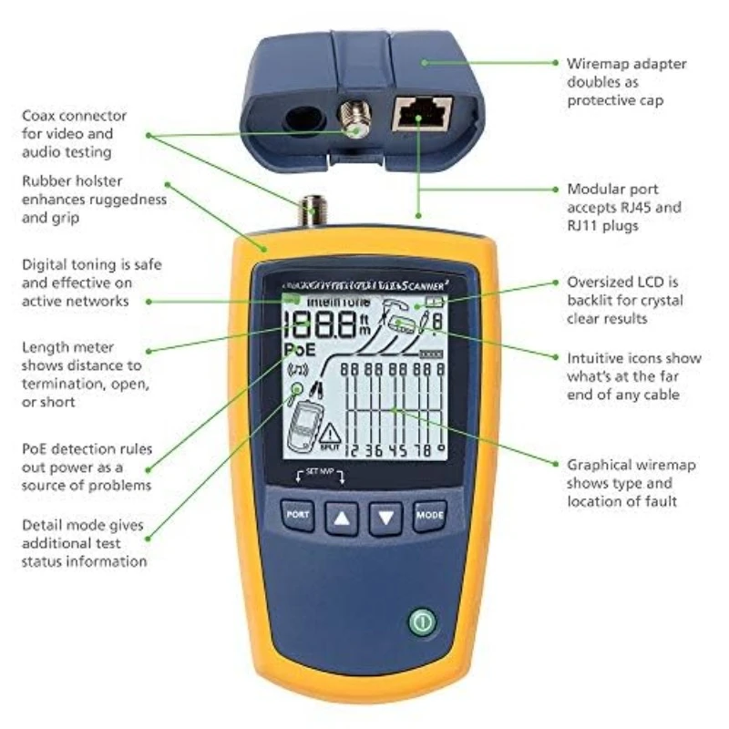 MS2-KIT MicroScanner2 Copper Cable Verifier Kit, Troubleshoots RJ11, RJ45, Coax, Tests 10/100/1000Base-T, and Voip