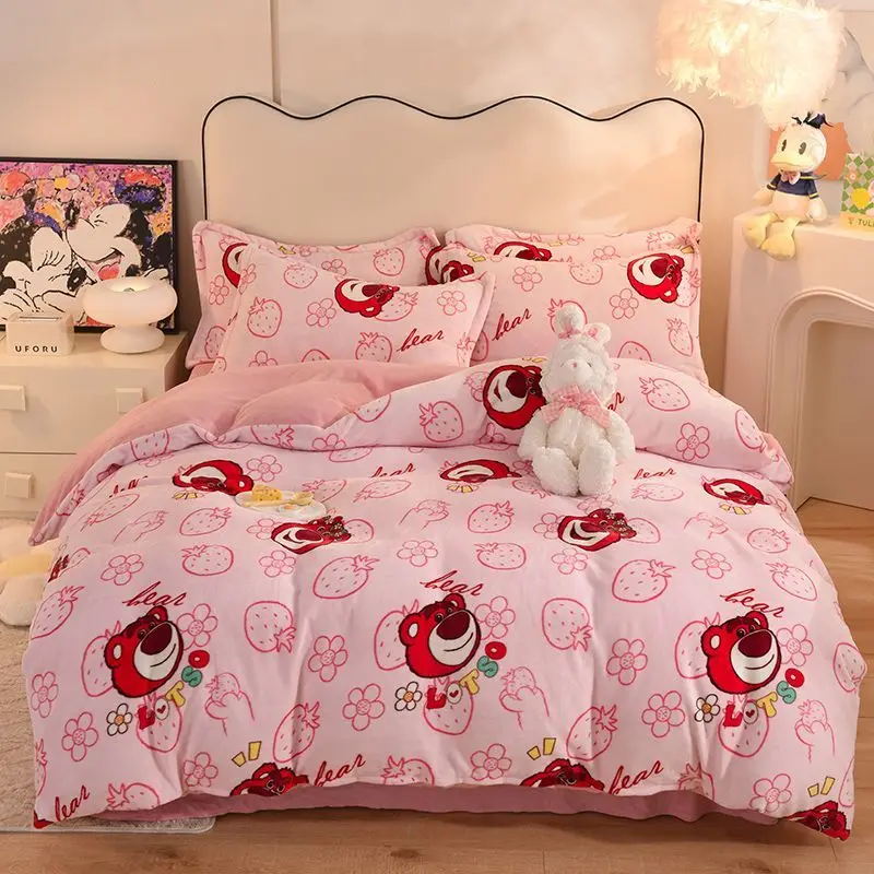 

Lotso Mickey Minnie Pooh Bear Stellalou Creative Cartoon Print Thickened Soft Milk Velvet Sheets and Quilt Covers Four-piece Set