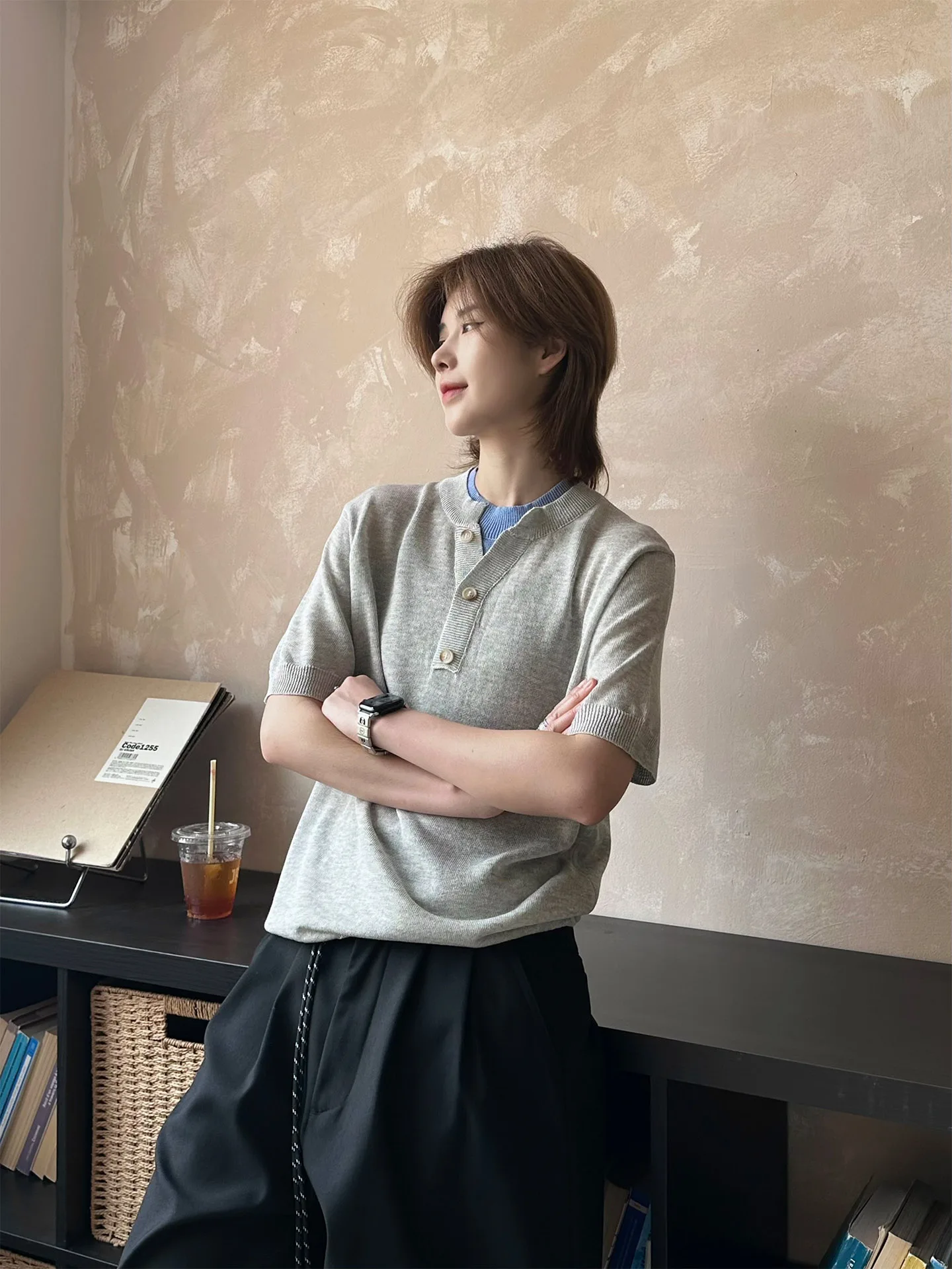 Ja1 Knitted Short Sleeve Fake Two-Piece Thin Summer Top Shoulder Width Regular Fit round Neck Casual Style Unisex T-Shirt