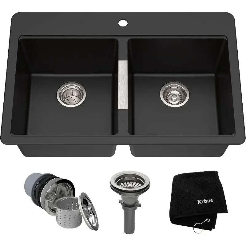 

Kraus Quarza Kitchen Sink, 33-Inch Equal Bowls, Black Onyx Granite, KGD-433B model