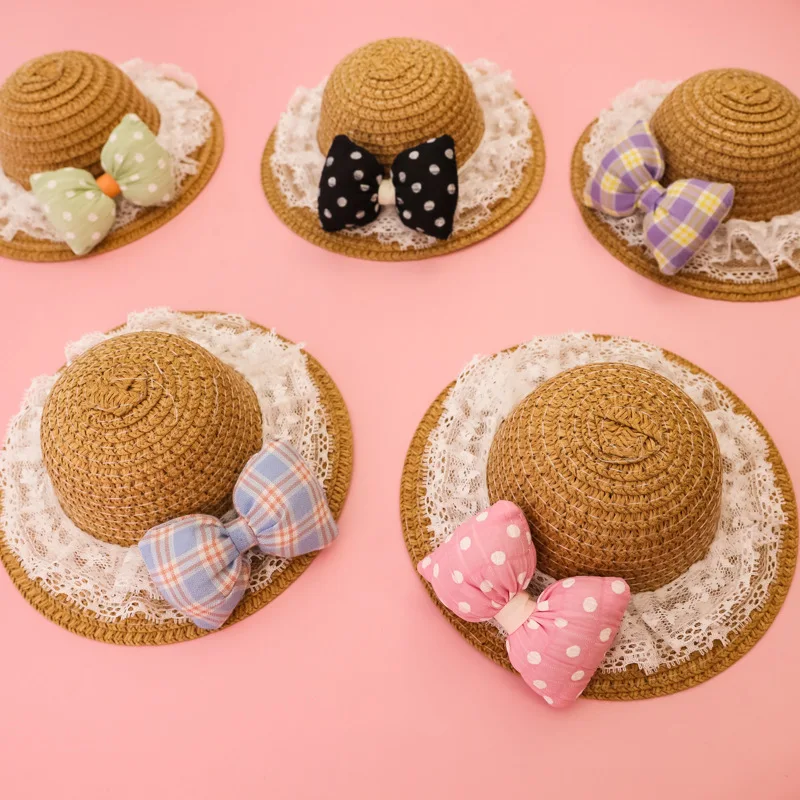

Pet Spring and Summer Straw Hats, Cute Woven Hats for Cats and Dogs, Sun Hats with Polka Dot Bows