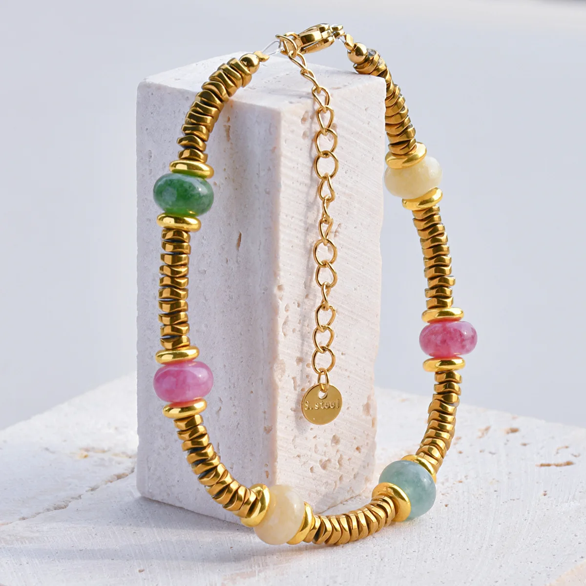 PRISCA |  Colored Natural Stone Bracelets for Women Stainless Steel European and American Jewelry 2024