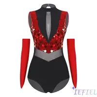 Leotardo de baile latino de Tango con lentejuelas brillantes para mujer, mono de gimnasia de malla transparente sin mangas con cuello simulado para salón de baile, baile latino de Jazz