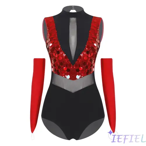 Leotardo de baile latino de Tango con lentejuelas brillantes para mujer, mono de gimnasia de malla transparente sin mangas con cuello simulado para salón de baile, baile latino de Jazz