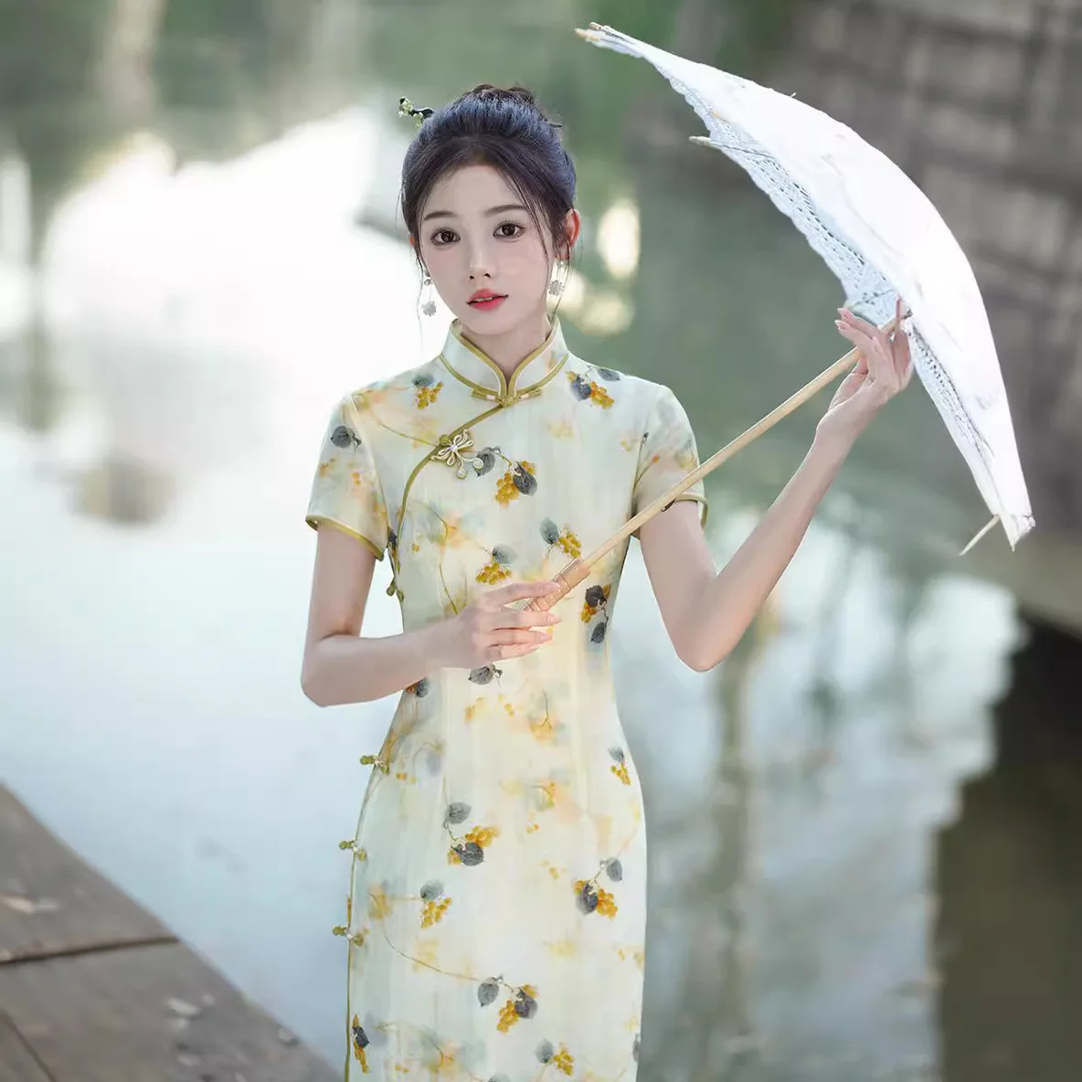 Yourqipao 2024 Spring and Summer New Improved Cheongsam Chinese Style Yellow Mid-length Qipao Hanfu Skirt