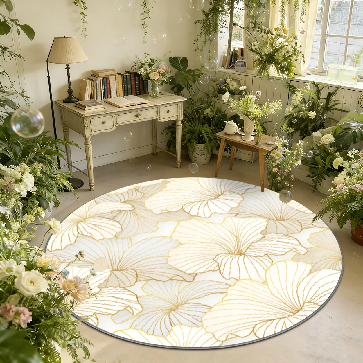 Modern botanical line round floor rug 2D printed white gold flower pattern entry mat for coffee shop lounge