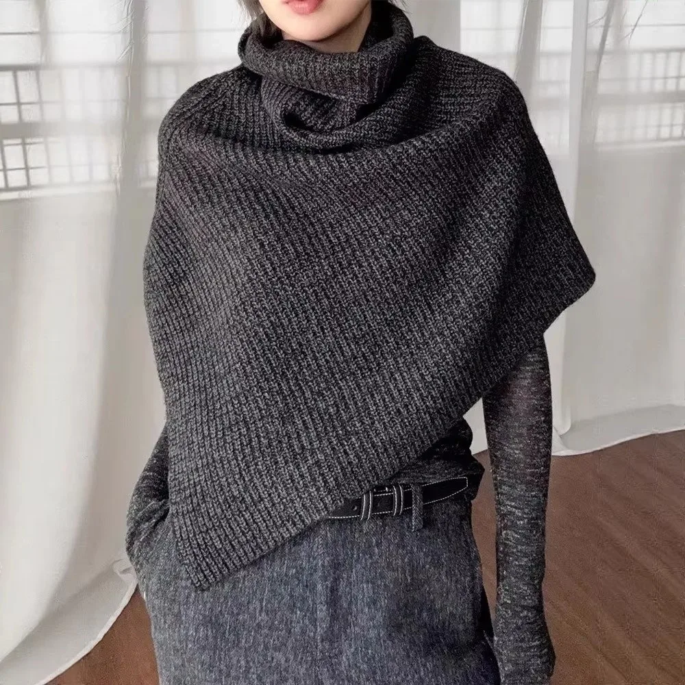 Thick Knit High Collar Scarf High Collar Split Design Shawl Cape Wrap Pullover Style Layer Up Pullover Neck Gaiter Cold Season