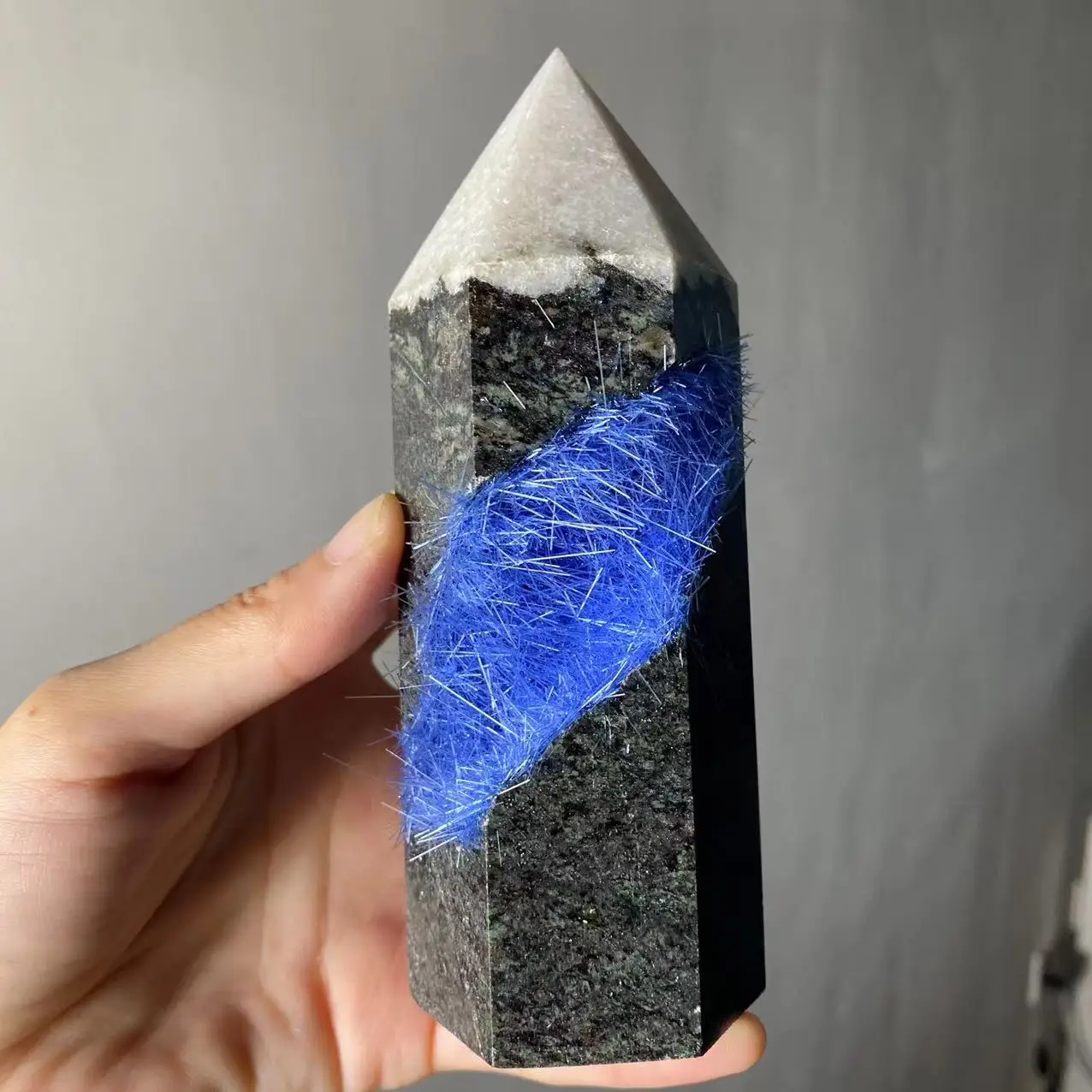 Natural Blue Hair Crystal, Iron Ore, Hexahedral Tower, Energy Gem, Reiki Healing, Room Office Decoration, Demagnetization