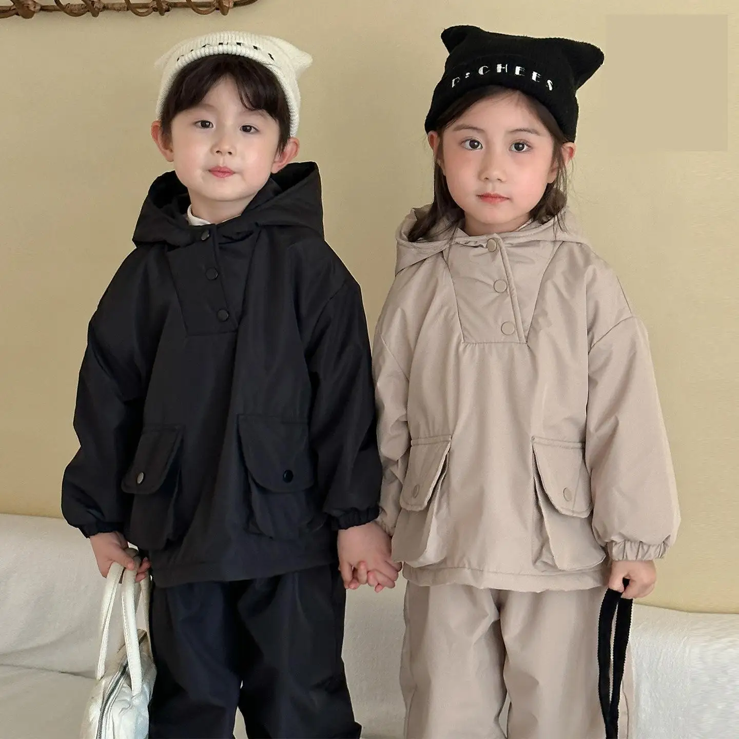 

2025 Winter New Children Long Sleeve Clothes Set Boys Girls Fleece Hooded Jacket + Pants 2pcs Suit Plus Velvet Kids Warm Set