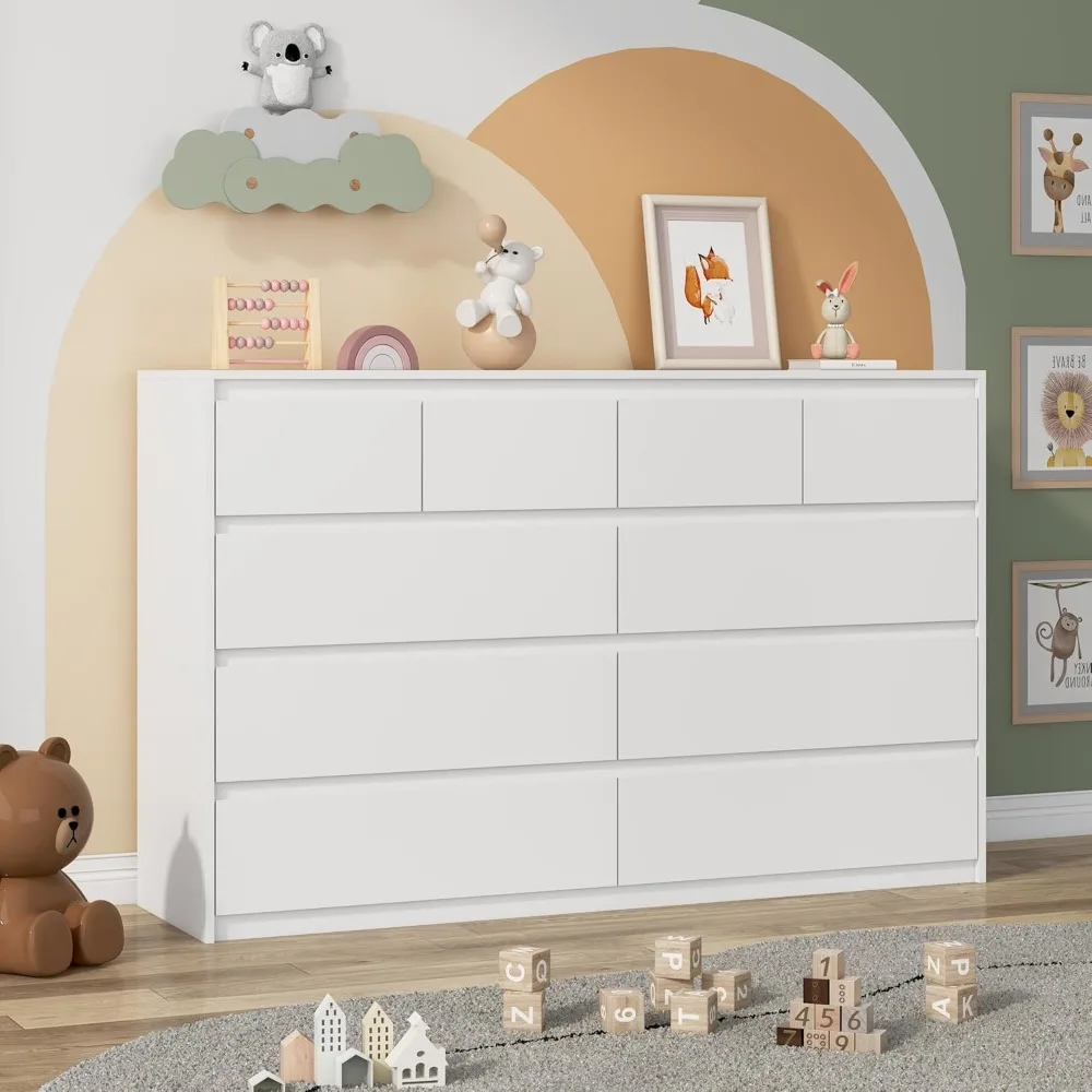 

White Malm Dresser for Bedroom, 55" Wide 37" Tall Dresser with 10 Drawers, Modern Large Wood Chest of Drawer Handle Free, Living