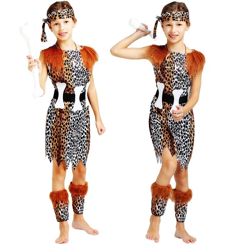 Halloween Kids Aboriginal Indian Primitieve Man Party Cosplay Kostuum Jongens Meisjes Luipaard Viking Savage Gewaden Jurk Podium Pak Set