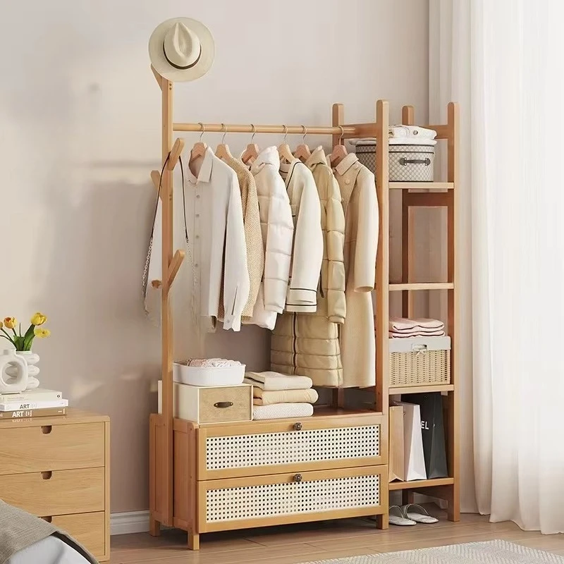 Wooden hangers with rattan drawers, open storage racks, hangers, suitable for bedroom, porch