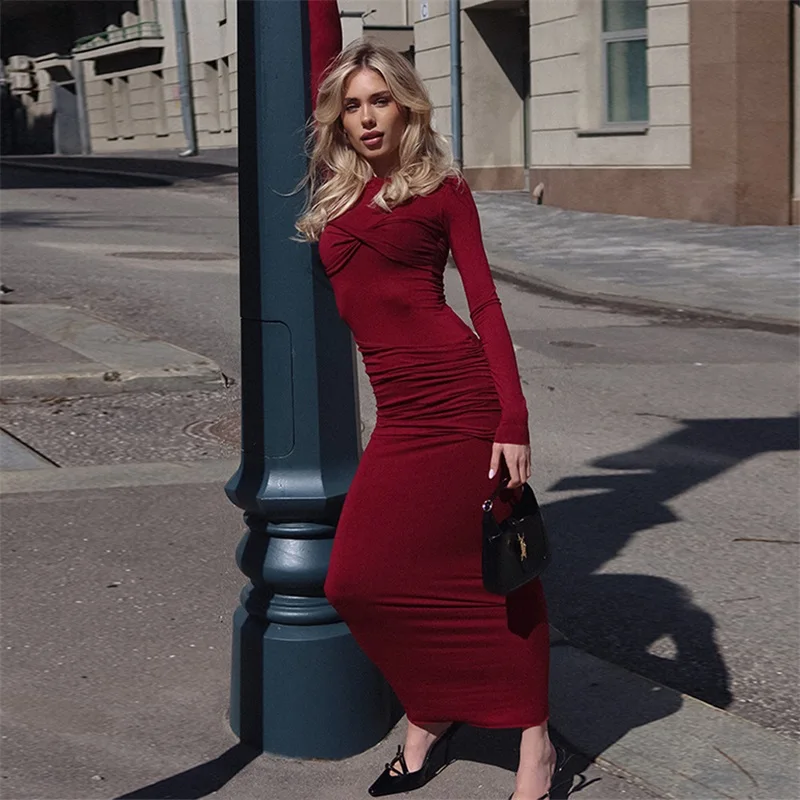 Pleated O-Neck Women's Homecoming Dress Long Sleeve High Waist Party Gown Wine Red White Bandage Skirt Spicy Girl New Arrival