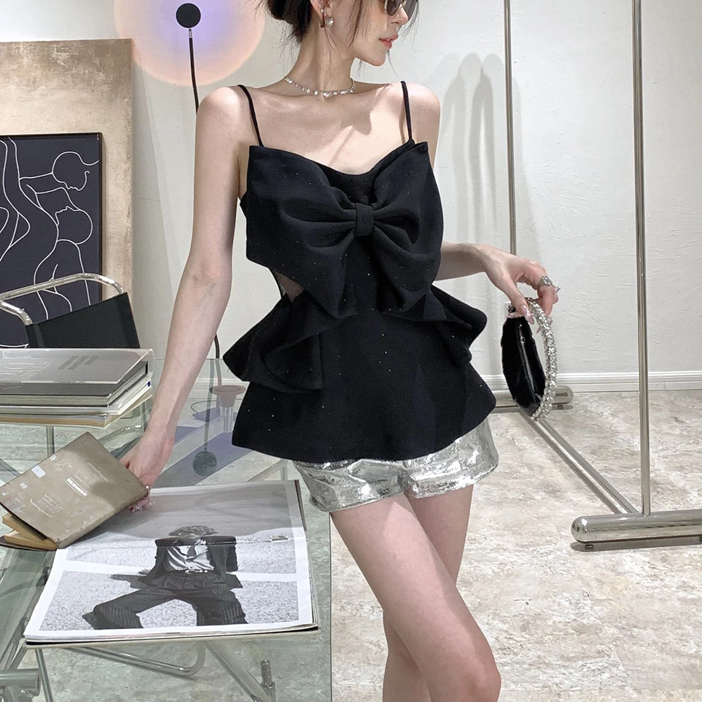 

Women's Bow Tie Decoration Camisole Vest, Hot Drilling, Hollow Mesh Splicing, Commuter Patchwork Top, New, Summer, Y2k, 2024