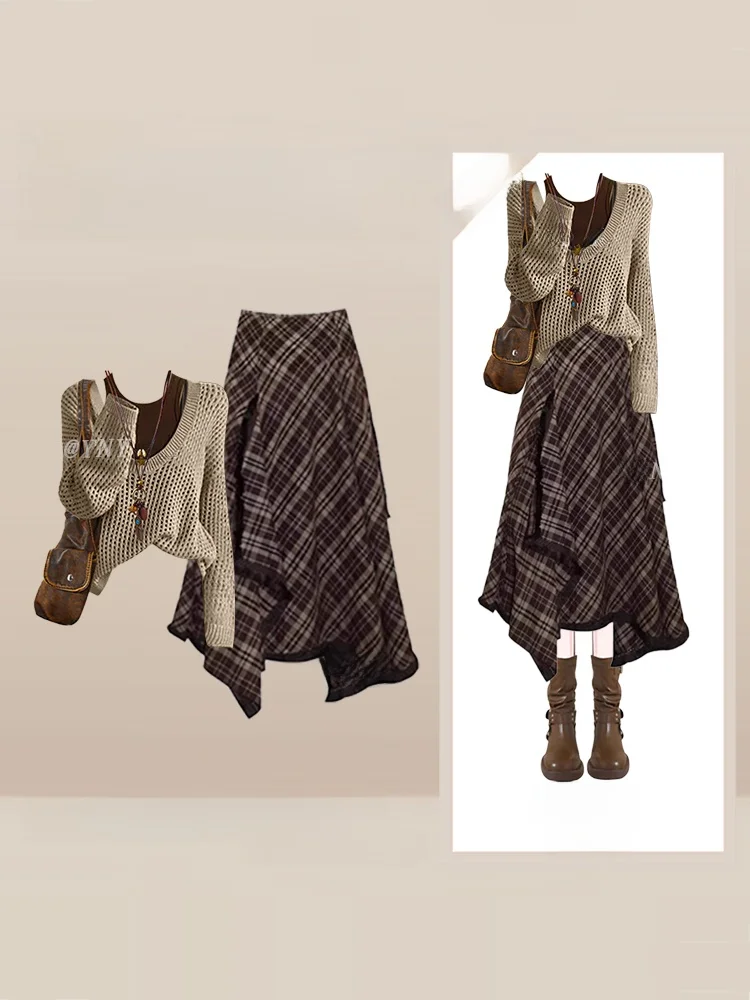 

Trendy Hollow out Cover up Top And Plaid Skirt Set for Women Winter Faion Outfit f Length Design And Warm Knitted M...