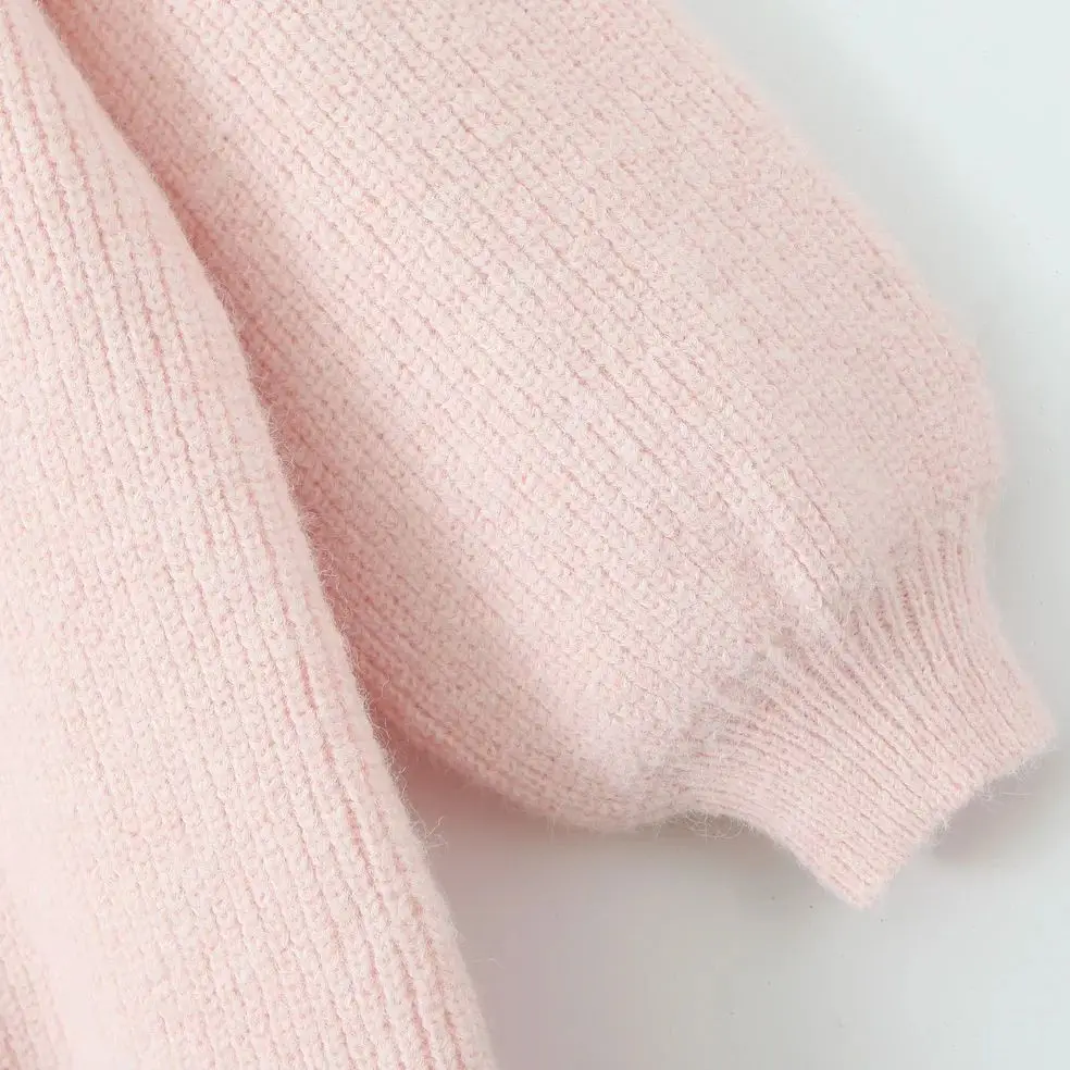 2024 Autumn Chill Shaggy Knitted Backless Sweater Women Full Lantern Sleeve Loose Pullover Knitwear Oversized Jumper pink white