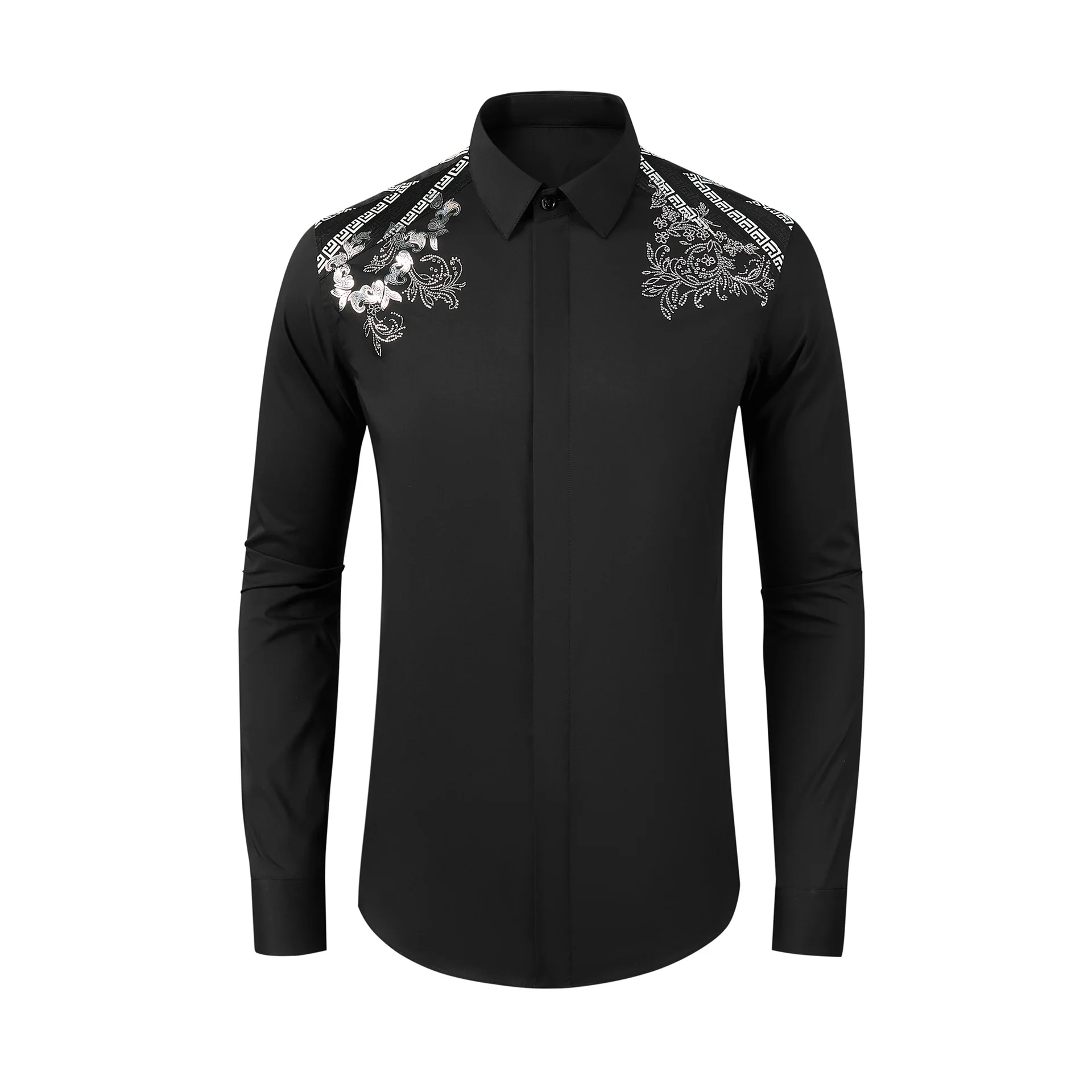 Shoulder patchwork imported hot pressed long sleeved shirt with casual trendy printed pattern for outerwear