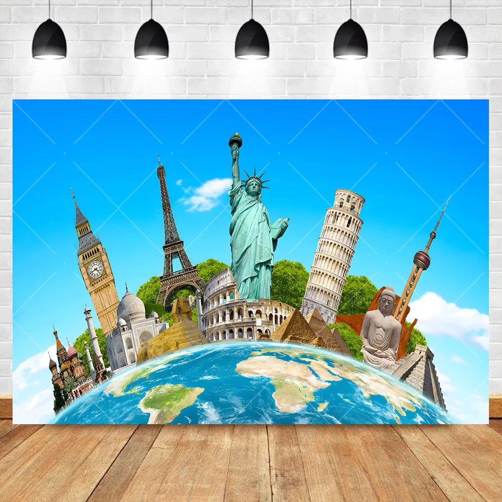 Go Travel The World Landmark Backdrop Custom Pyramid Big Ben Paris Tower Photography Background For Photo Studio Prop Decoration